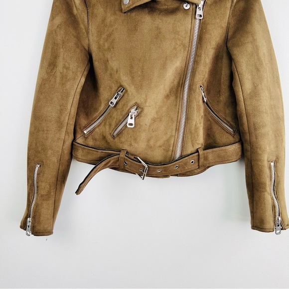 Zara Cropped Suede Effect Moto Biker Zip up Jacket Women brown in colour - Picture 16 of 16